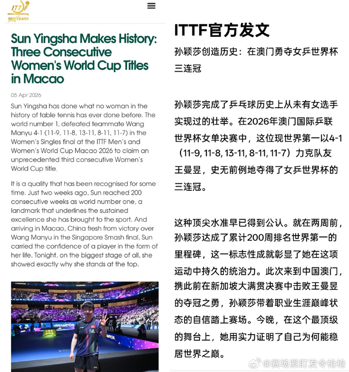 九游体育-孙颖莎澳门世界杯三连冠创女乒历史|王曼昱|女乒世界杯|国际乒联|澳门国际乒联世界杯|ITTF_新浪体育_新浪新闻